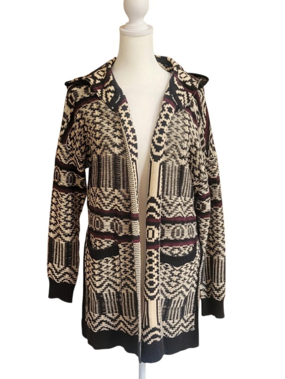 La Hearts Ivory, Black & Burgundy Geometric Hooded Cardigan